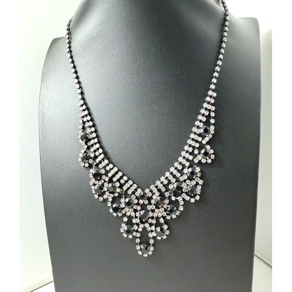 Rhinestone Bib Necklace Statement Silver Black Formal V Shape